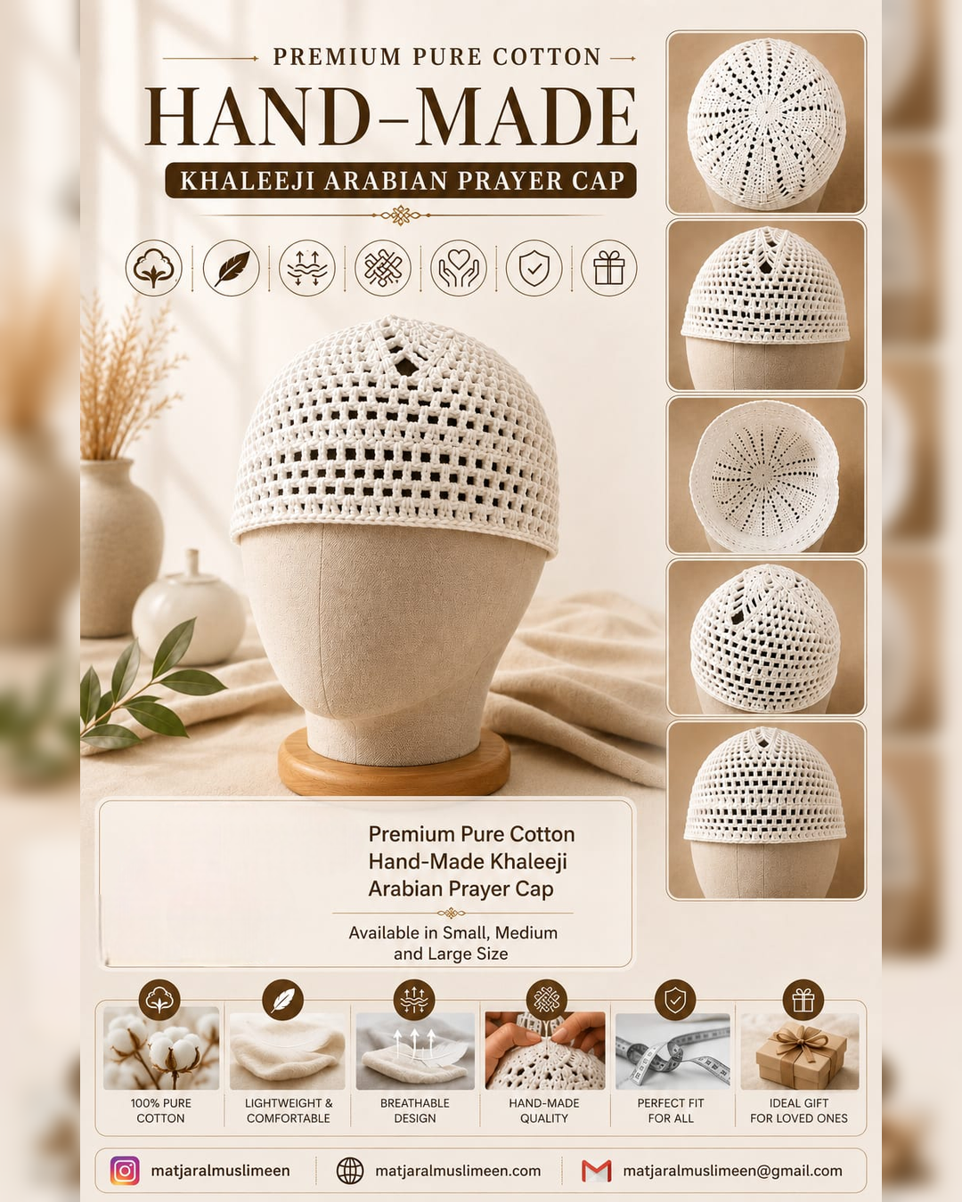 Premium Pure Cotton Hand‑Made Khaleeji Arabian Prayer Cap